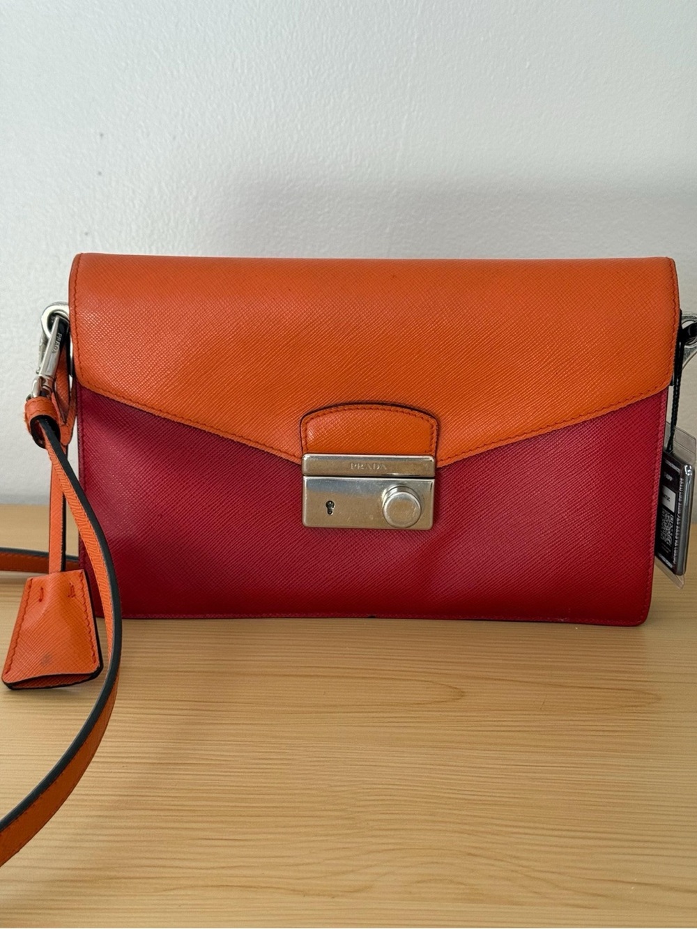 Prada Saffiano Leather Flap Two Tone Color Bag Red/Orange
